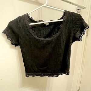 Garage black lace trim soft ribbed crop tee